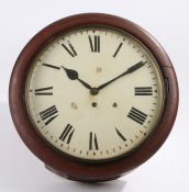 Victorian mahogany case wall clock, with a white painted dial and Roman hours, single fusee movement