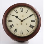 Victorian mahogany case wall clock, with a white painted dial and Roman hours, single fusee movement