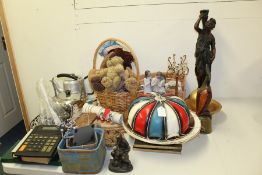Works of art to include baskets, hourglass, stationary rack, figures, kitchenalia etc. (qty)