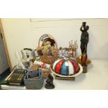 Works of art to include baskets, hourglass, stationary rack, figures, kitchenalia etc. (qty)