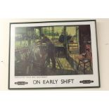 Railway print, "On Early Shift", housed in a green glazed frame, 80cm x 60cm