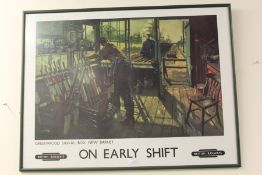 Railway print, "On Early Shift", housed in a green glazed frame, 80cm x 60cm
