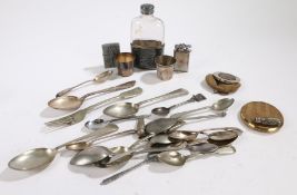 Plated ware to include hip flask, two tot cups, coin purse, flatware etc. (qty)