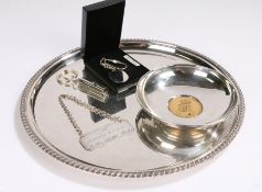 Plated charger with gadrooned border, Elizabeth II Golden Jubilee dish, Cognac V.S.O.P. decanter