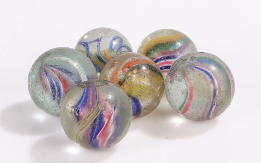 Collection of six 19th Century glass marbles, to include Latticinio core swirls, size range 20mm
