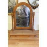 Pine dressing table mirror with arched top on a plinth base with frieze drawer, 54.5cm x 68cm