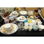 Decorative china to include Masons style ironstone jug, Moorcroft style jug, cheese stand, Doulton