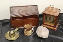Works of art, to include a Mantel clock, a desk rack, Doulton pottery, minerals stone and a brass