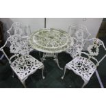 Patio table with pierced white metal circular top, 80cm diameter, together with four chairs (5)