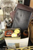 Collection of items, to include a collection of tins, a weight, cowrie shells, vanity set, (qty)