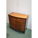 19th Century mahogany bowfront chest of drawers, with three long drawers on bracket feet, 91cm wide