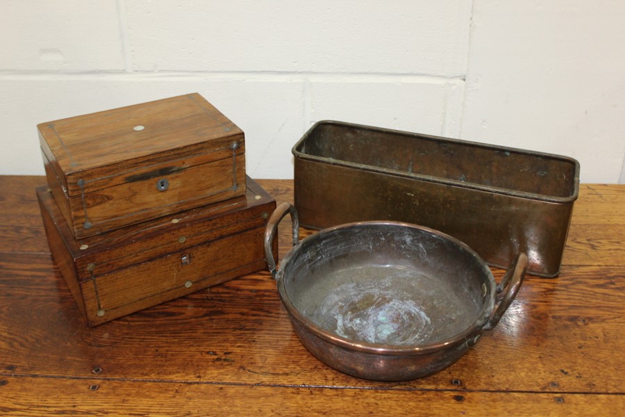 Works of Art, to include a sewing box, another box, a copper basin and a copper jardinière, (4)