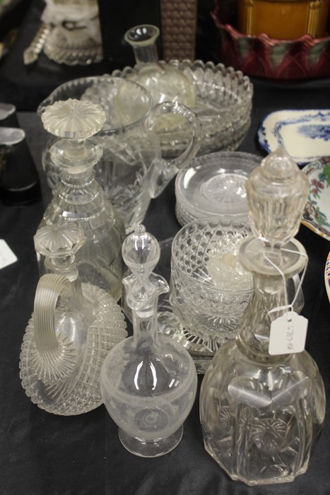 Collection of glass, to include cut glass dishes, 19th Century Decanter, wide jug, glass rinser, (