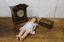 German walnut clock, together with a rosewood box and a doll, (3)
