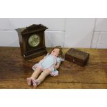 German walnut clock, together with a rosewood box and a doll, (3)