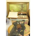 Collection of objects, to include an oil painting, a footstool, black shelf, box, set of fish knives