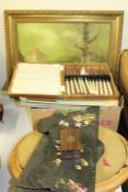 Collection of objects, to include an oil painting, a footstool, black shelf, box, set of fish knives