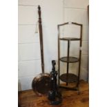 Set of fireside irons, together with a warming pan and cake stand, (3)