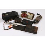 Two Kodak Vest Pocket cameras, Ensign camera, Yashica lens hood, Multi-Cux light meter, camera