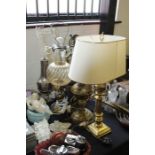 Brass desk lamp with two bulbs and cream shade, oil lamp converted to an electric reading lamp, four