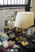 Brass desk lamp with two bulbs and cream shade, oil lamp converted to an electric reading lamp, four