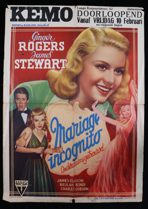 Marriage Incognito (1938) - Belgian film poster, starring Ginger Rogersand James Stewart, with