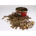 Collection of coins, to include three pence pieces, half pennies, collection of gilt badges and