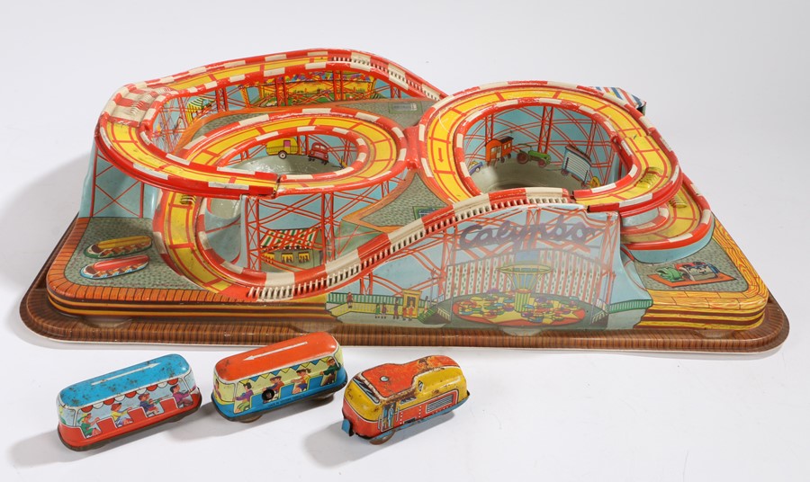 Coney Island Western German roller coaster toy with three clockwork carriages
