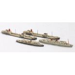 Die cast waterline model ships, Queen of Bermuda, SS Canterbury, two Oil Tankers, (4)