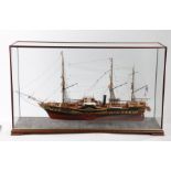 Model of a three masted paddle steamer, housed in a glazed case, 94cm x 55cm