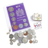 Coins, to include Malta coin set, Crowns, Half Crowns, 3 Pence pieces, some pre 1927, etc, also