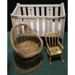 Wicker dolls chair, floral painted dolls rocking chair, pink painted dolls cot (3)