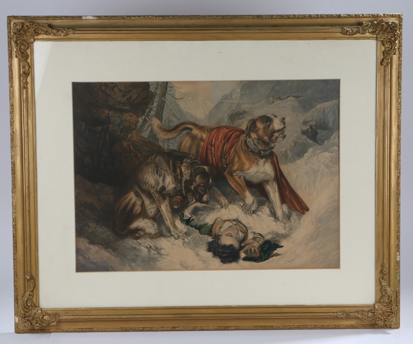After George Baxter (1804-1867), "The Dogs of St Bernard", housed in a gilt glazed frame, the