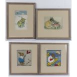 Four coloured nursery prints, depicting rabbit with a leaf on a string, rabbit in a snowy landscape,