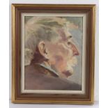 Profile portrait depicting a silver haired gentleman with moustache, unsigned oil on board, housed