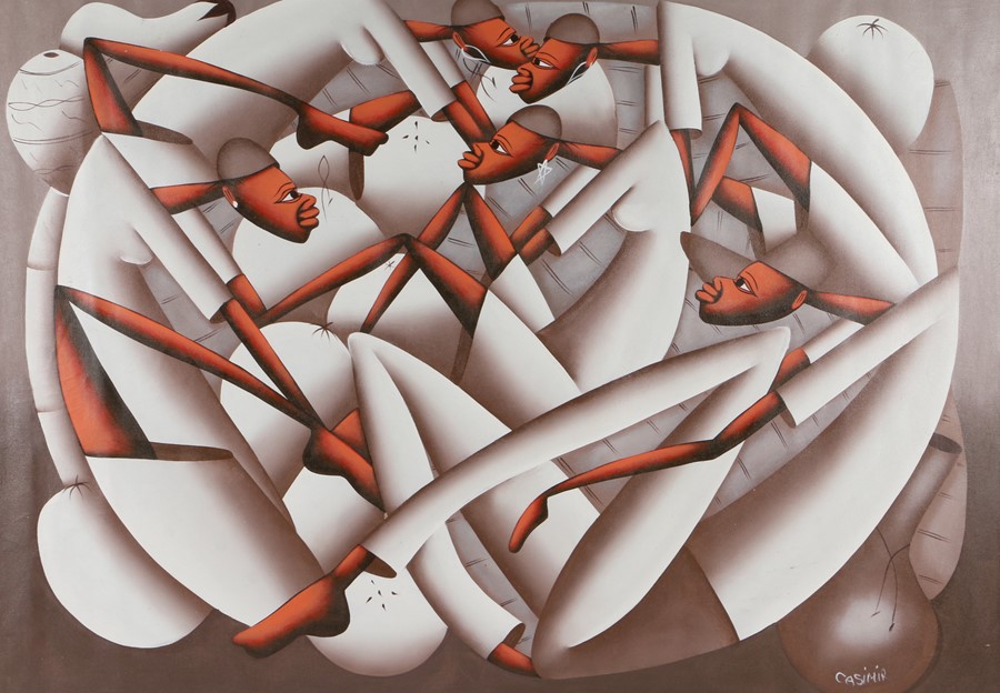 Casimir Laurent (1928-1990), dancing figures, signed oil on canvas laid on board, housed in a