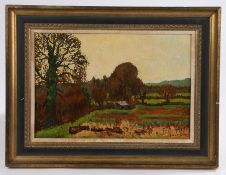 George J Charlton (1899-1979), Autumnal landscape scene with trees, fields and a distant building,