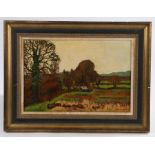 George J Charlton (1899-1979), Autumnal landscape scene with trees, fields and a distant building,