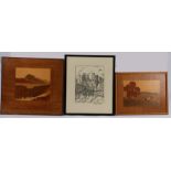 Marquetry picture depicting Loch Maree, 39cm x 35.5cm, marquetry picture "The Caravan", 34.5cm x