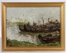 Barges moored on a river, unsigned oil on board, housed in a gilt frame, the oil 39.5cm x 29cm