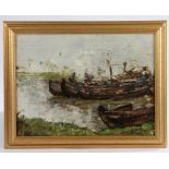 Barges moored on a river, unsigned oil on board, housed in a gilt frame, the oil 39.5cm x 29cm