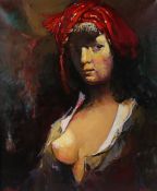 Minas Zakarian (B1955 Armenia), portrait of a lady wearing a red headscarf and partially open dress,