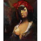 Minas Zakarian (B1955 Armenia), portrait of a lady wearing a red headscarf and partially open dress,