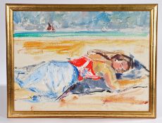 Girl sunbathing on a beach with sailing vessels to the rear, unsigned oil on canvas, housed in a