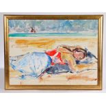 Girl sunbathing on a beach with sailing vessels to the rear, unsigned oil on canvas, housed in a