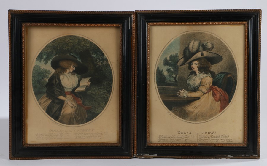 After George Morland (British 1763-1804), a pair of stipple engravings titled 'Delia in Town' and '