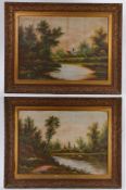 E. Charles, pair of riverside scenes with trees and distant buildings, signed oil on canvas,