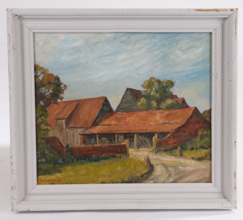 Thompson, farmyard with barns, signed oil on board, housed in a white painted frame, the oil 33.