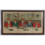 Coloured print, "Mr Fox's hunt breakfast on Xmas day", housed in a glazed oak frame, the print