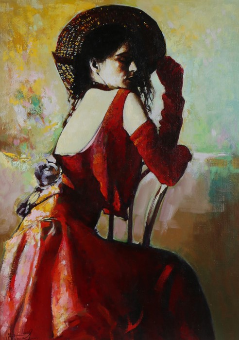 Minas Zakarian (B1955 Armenia), portrait of a seated lady wearing a red dress, signed oil on canvas,